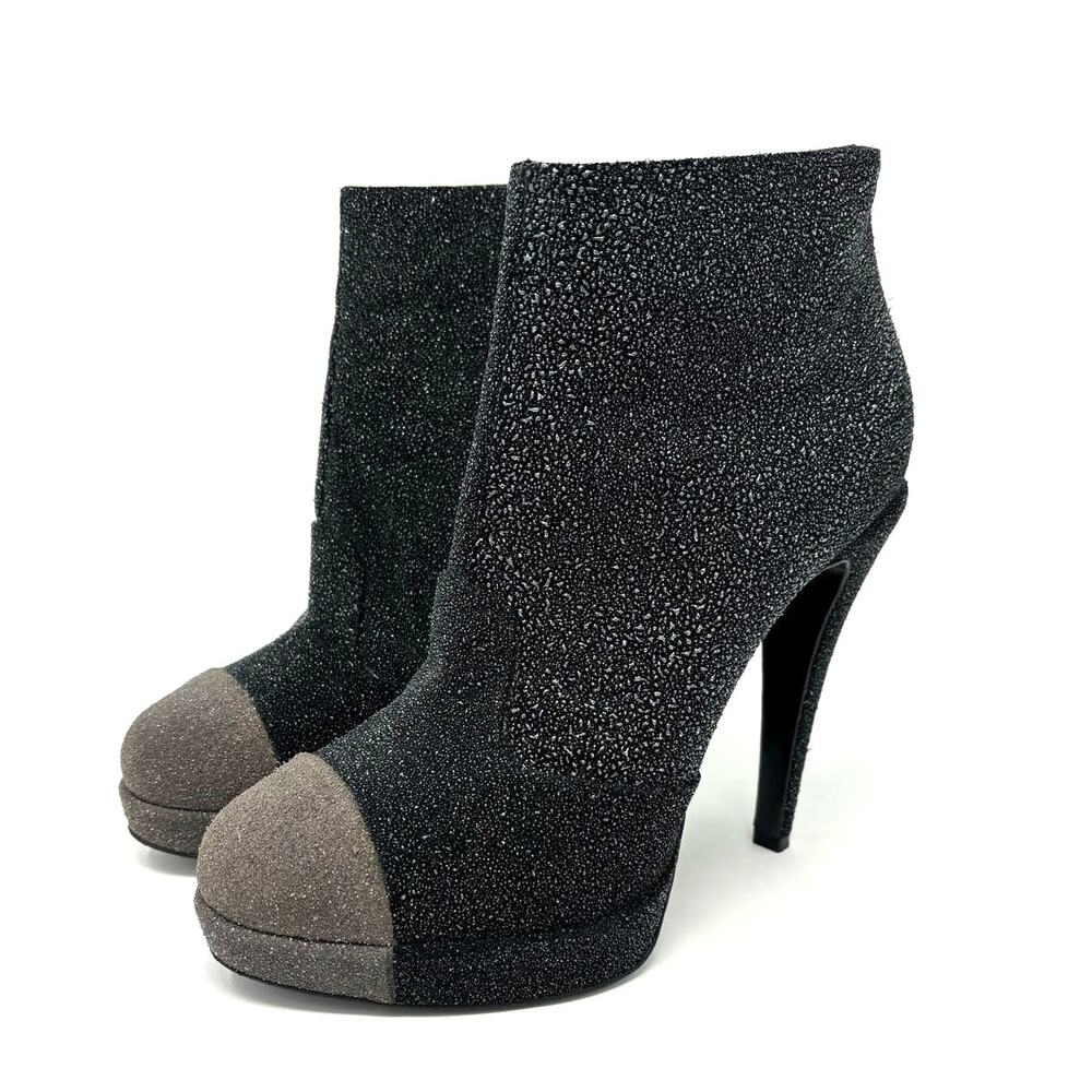 CHANEL Black Grey Glitter Leather Heel Booties Size 37 CC Logo - Picture 2 of 9